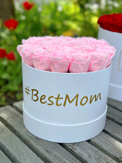 #BestMom Medium White Box with Red Flame Roses
