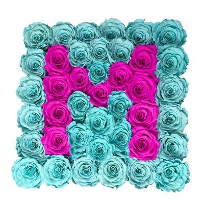 Large Square Black Initial Box with Turquoise & Neon Pink Roses