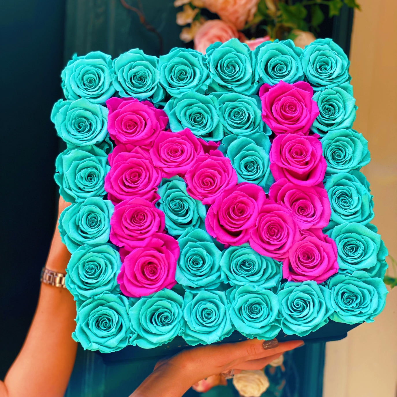 Large Square Black Initial Box with Turquoise & Neon Pink Roses