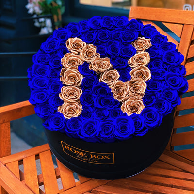 Extra Large Black Initial Box with Night Blue & Gold Roses