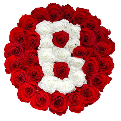 Large Round Pink Initial Box with Red Flame & Pure White Roses