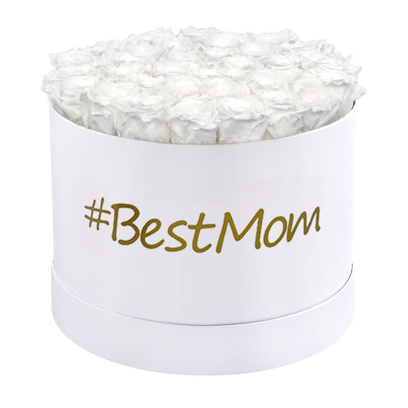 #BestMom Large Round White Box with Pure White Roses