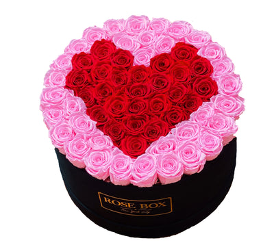 Extra Large Round Black Box with Pink Blush & Red Flame Heart