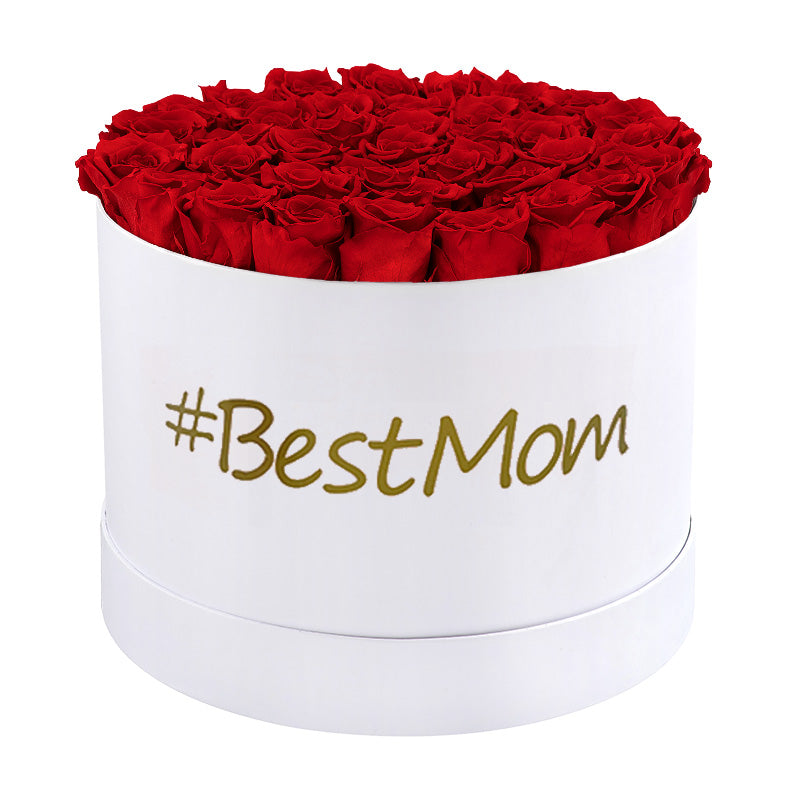 #BestMom Large Round White Box with Red Flame Roses
