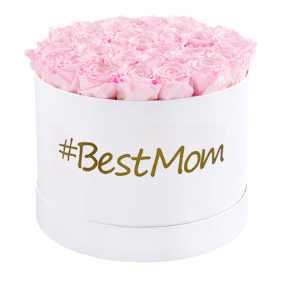 #BestMom Large Round White Box with Light Pink Roses