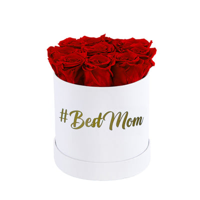 #BestMom Small White Box with Red Flame Roses