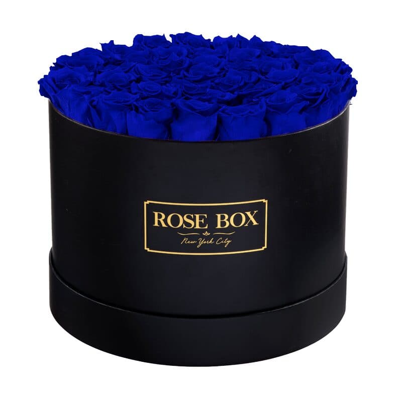 Large Round Black Box with Night Blue Roses
