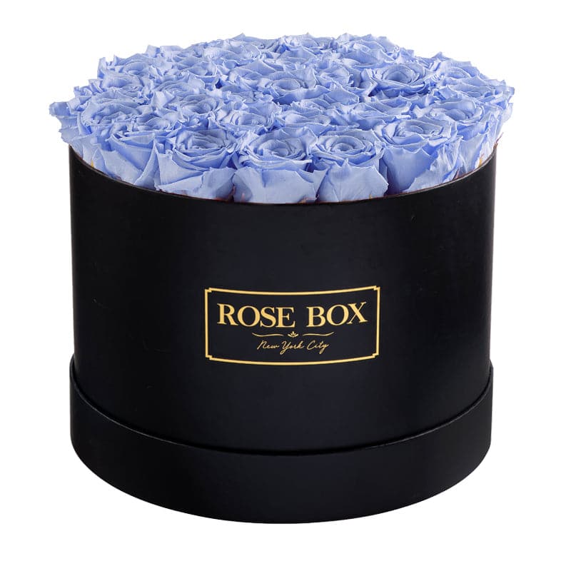 Large Round Black Box with Light Blue Roses