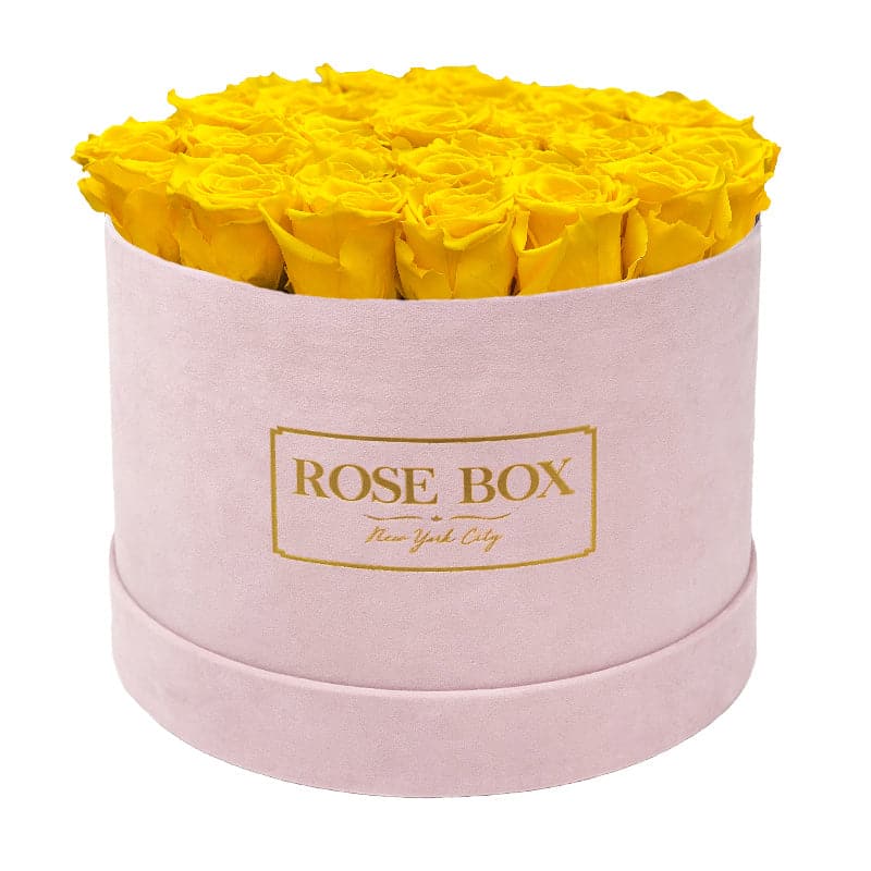 Large Round Pink Box with Bright Yellow Roses