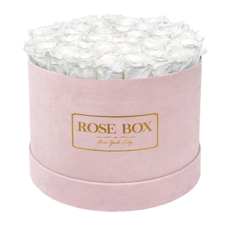 Large Round Pink Box with Pure White Roses