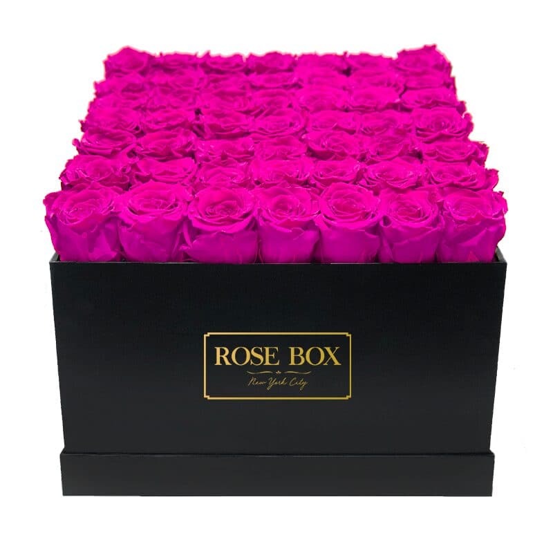 Large Black Square Box with Neon Pink Roses
