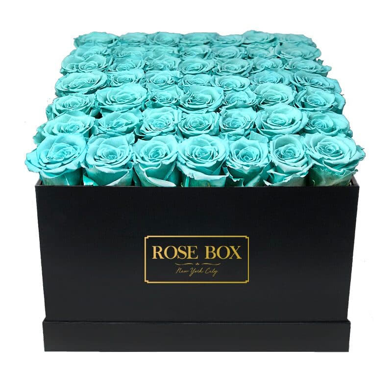 Large Black Square Box with Turquoise Roses