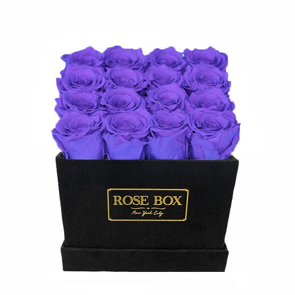 Medium Square Black Box with Spring Purple Roses
