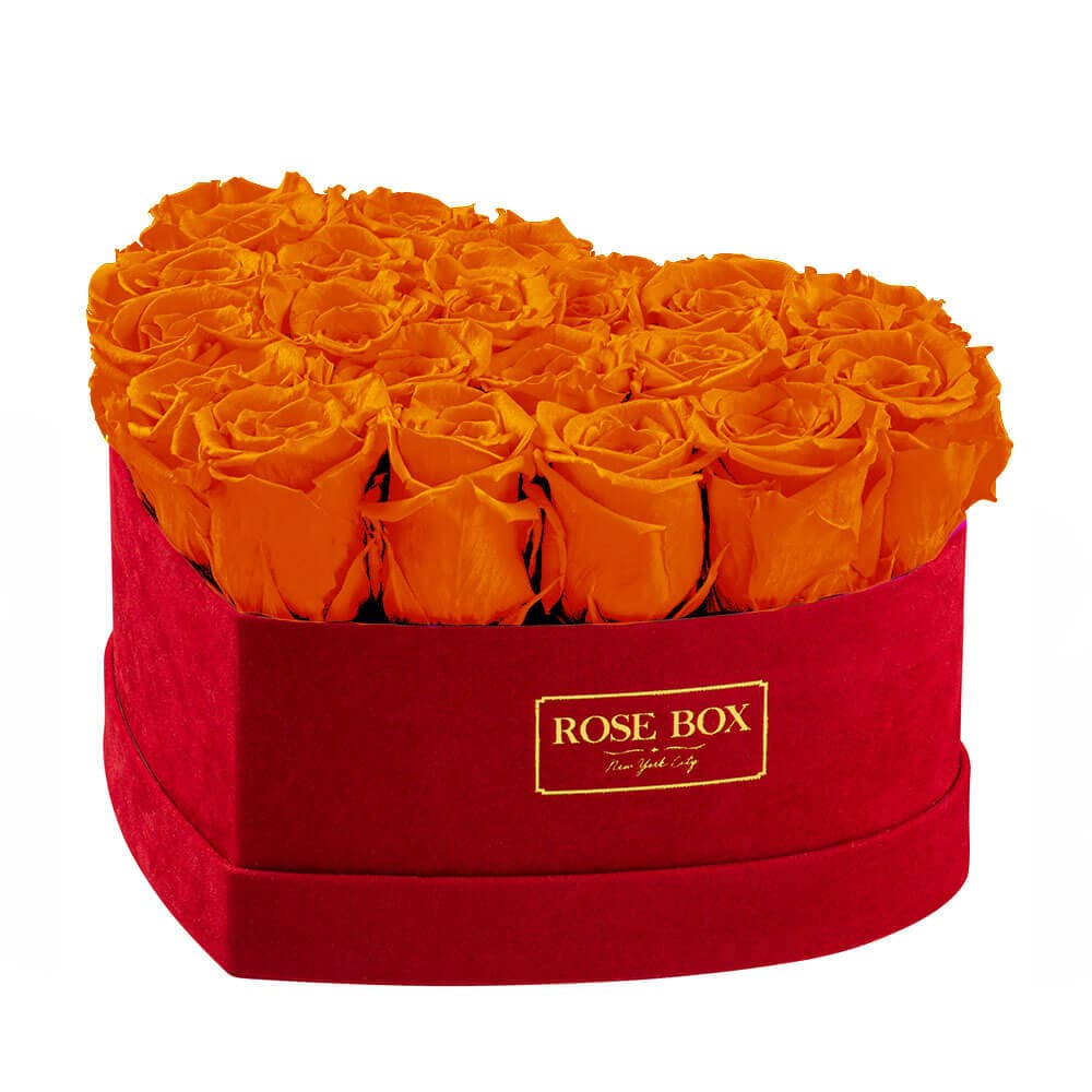 Medium Red Heart Box with Autumnal Orange Roses