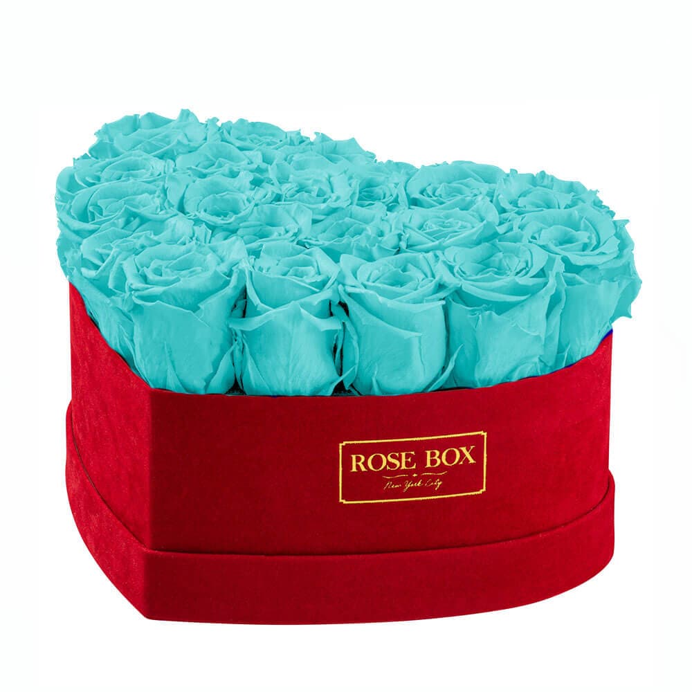 Medium Red Heart Box with Turquoise Roses