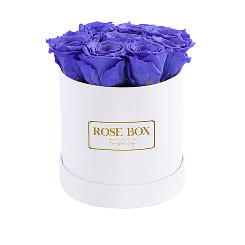 Small White Box with Spring Purple Roses