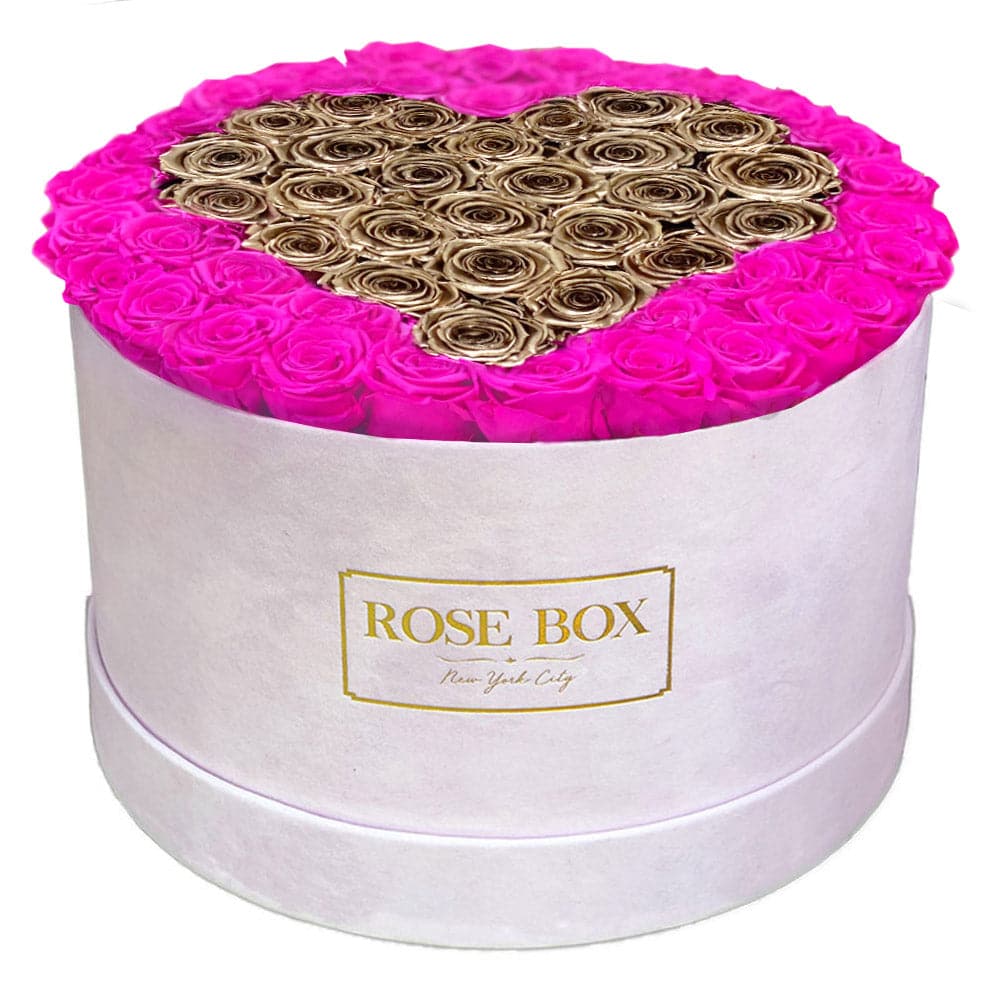 Pink and Gold Roses in Heart Box