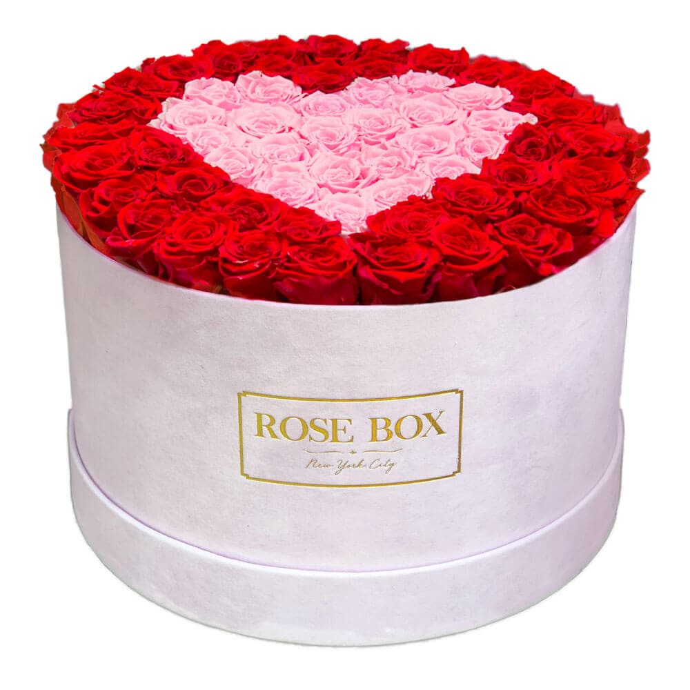 Extra Large Pink Box with Red Flame Roses & Pink Blush Heart