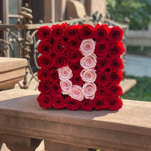 Large Square White Initial Box with Red Flame & Pink Blush Roses