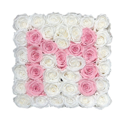 Large Square White Initial Box with Pure White & Light Pink Roses
