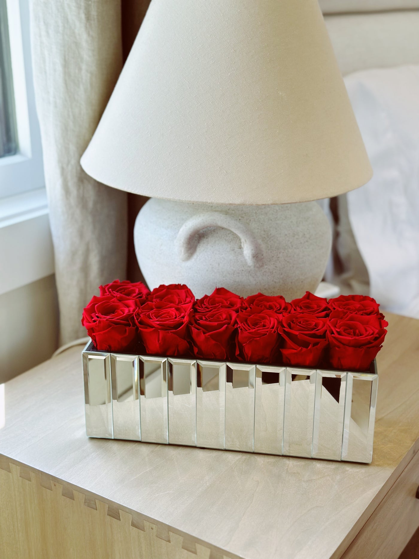 Modern Silver Mirrored Centerpiece with Red Flame Roses
