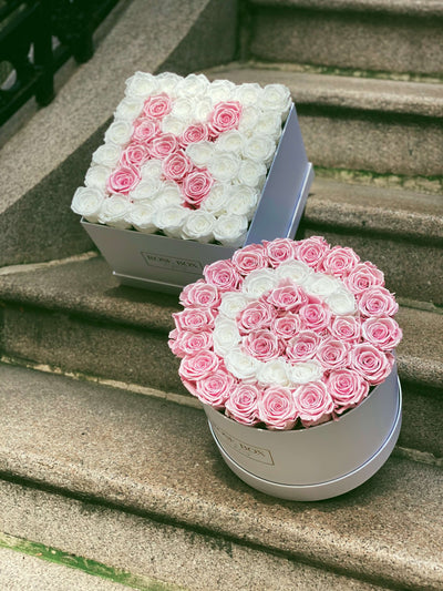 Large Square White Initial Box with Pure White & Light Pink Roses