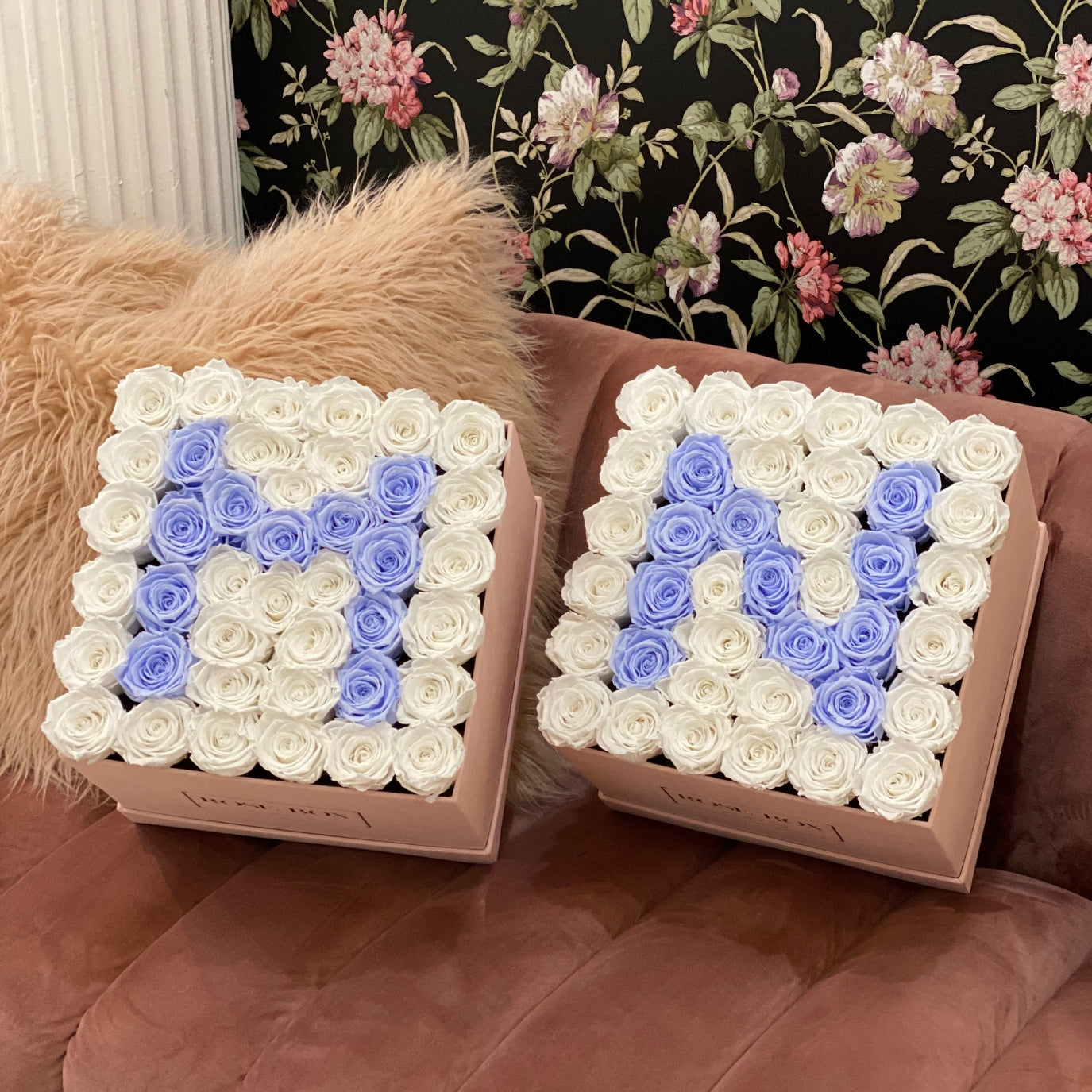 Large Square Pink Initial Box with Pure White & Violet Roses
