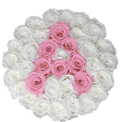 Large Round White Initial Box with Pure White & Light Pink Roses