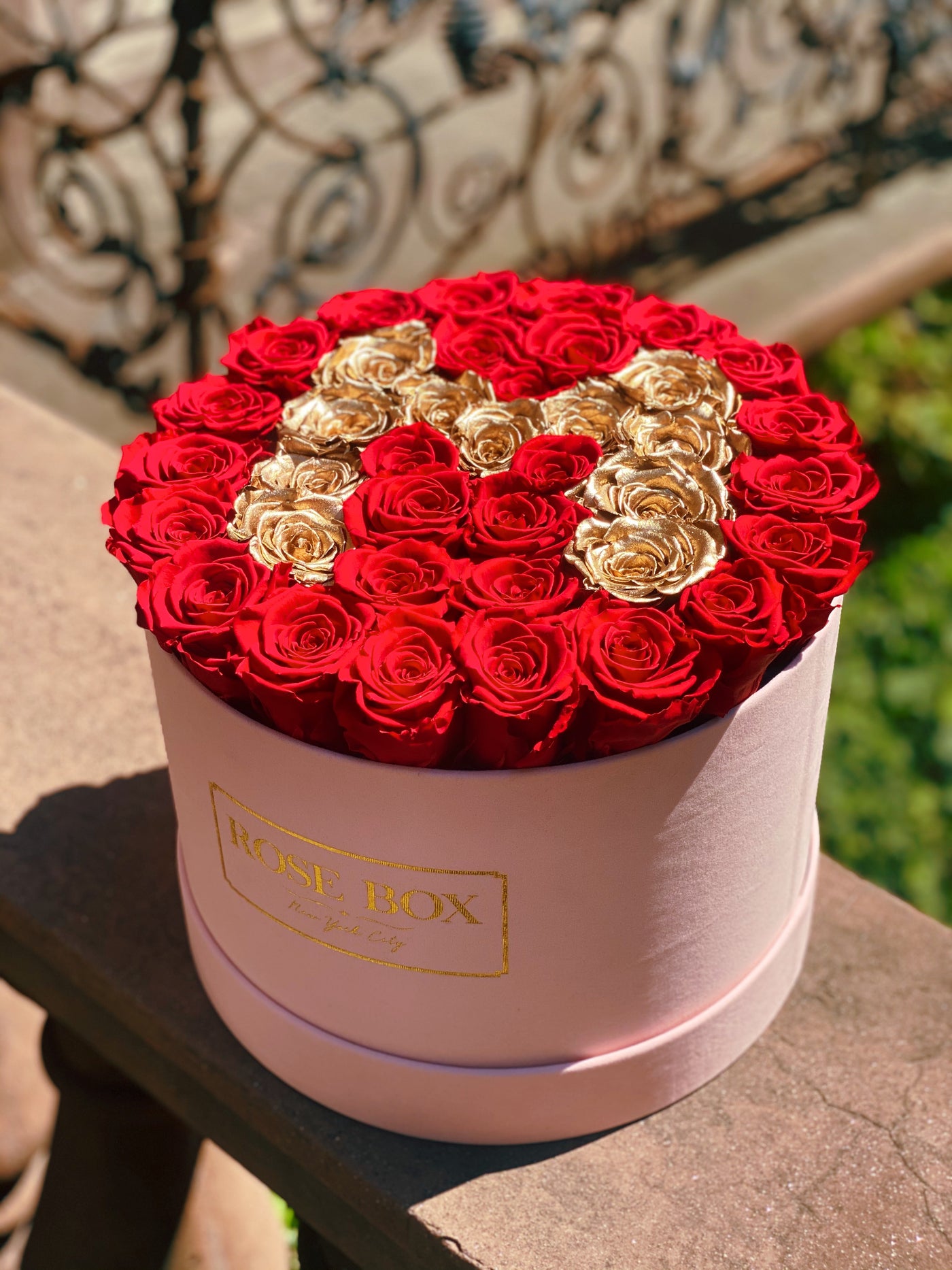 Large Round Black Initial Box with Red Flame & Gold Roses