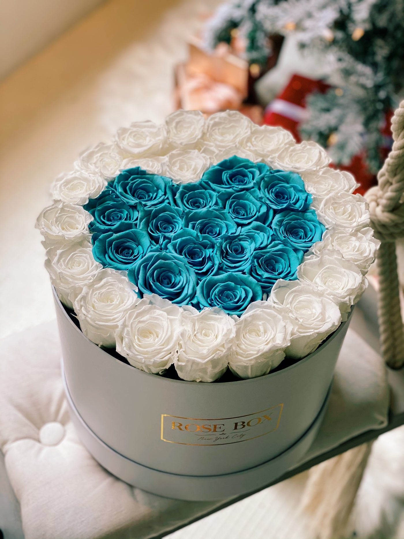 Large Round White Box with Pure White Roses & Turquoise Heart