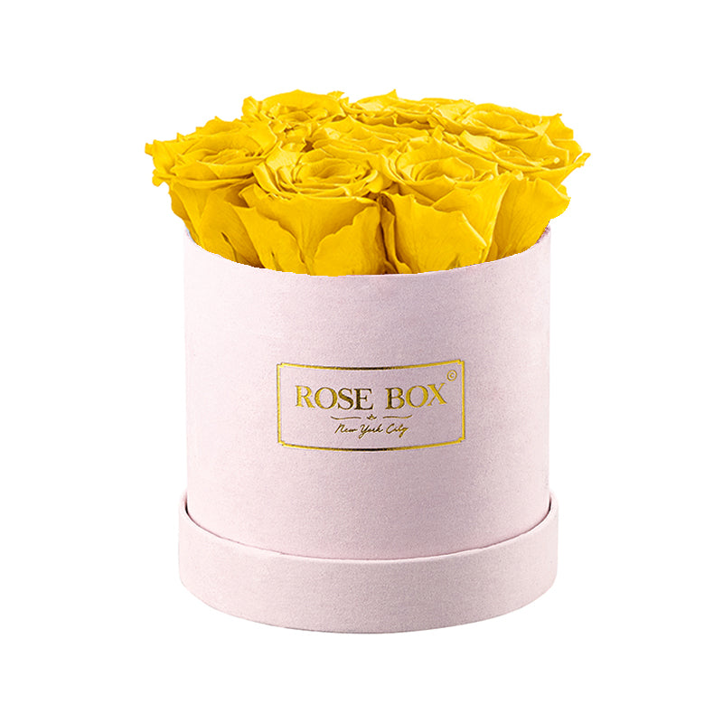 Small Pink Box with Bright Yellow Roses