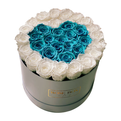 Large Round White Box with Pure White Roses & Turquoise Heart