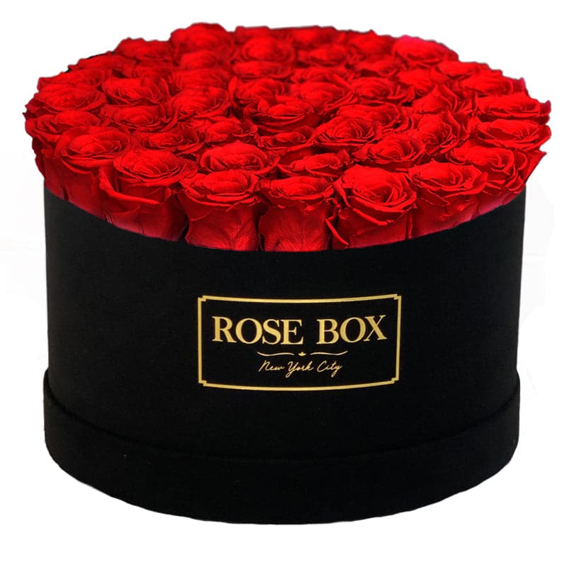 Extra Large Velvet Black Box with Red Flame Roses
