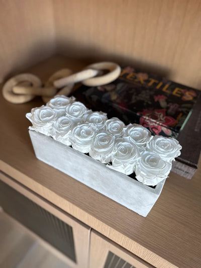 Gray Slate Centerpiece with Pure White Roses