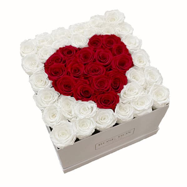 Large Square White Box with Pure White Roses & Red Flame Heart