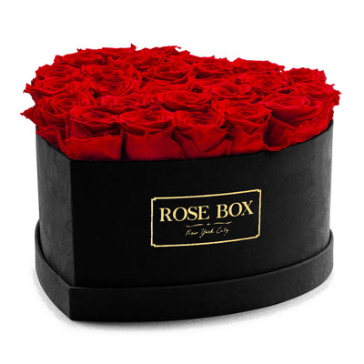 Large Black Heart Box with Red Flame Roses