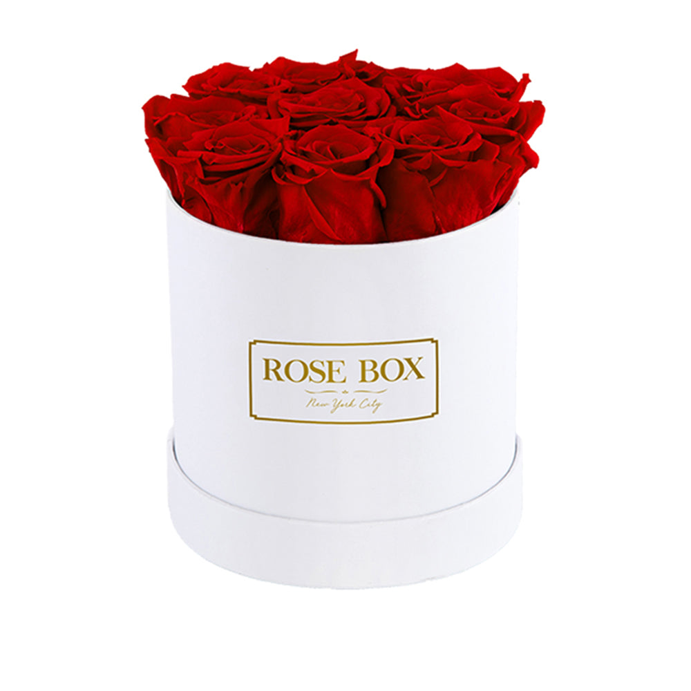 Small White Box with Red Flame Roses