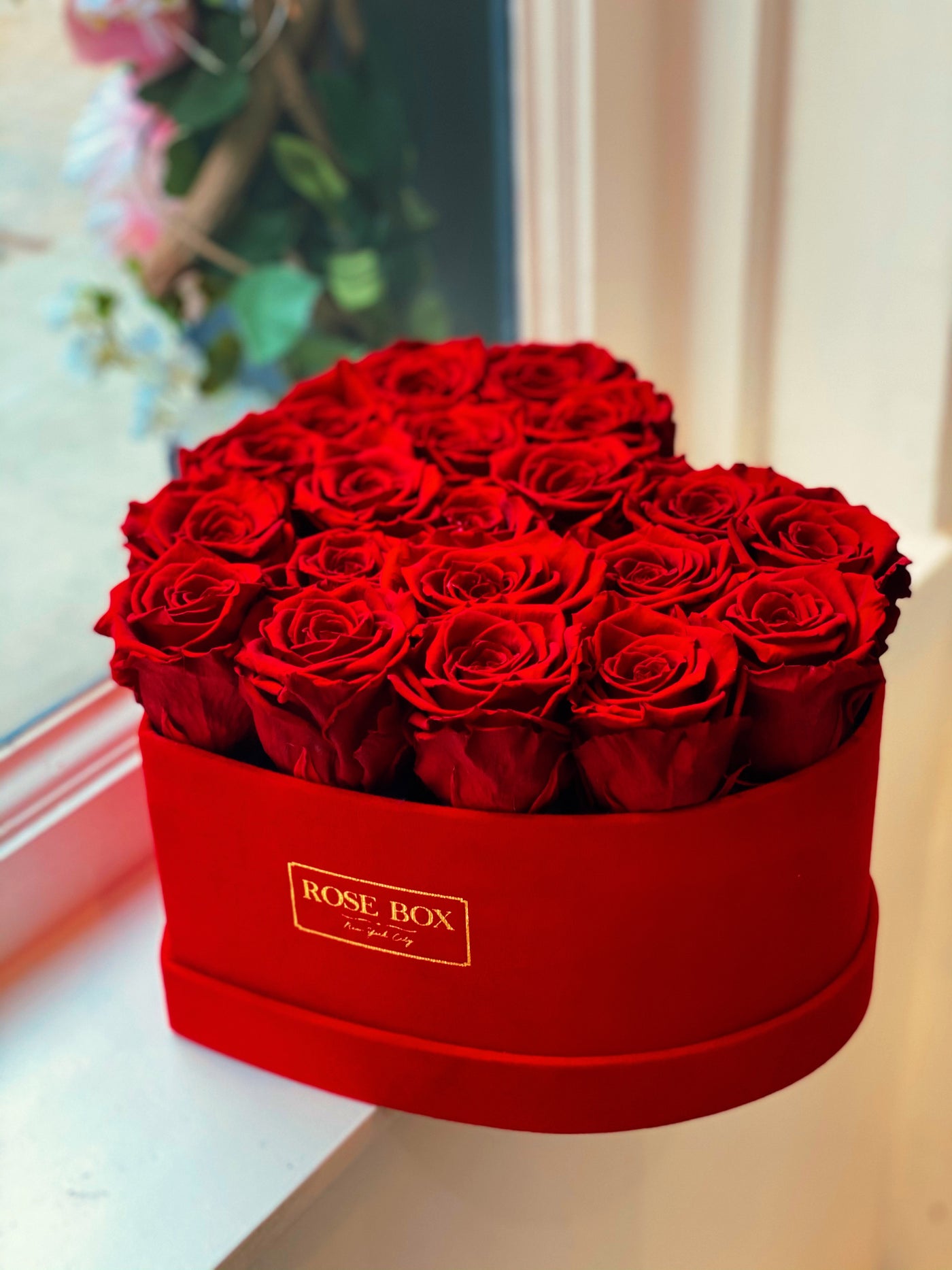 Medium Red Heart Box with Red Flame Roses