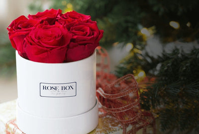 Mini White Box with Red Flame Roses