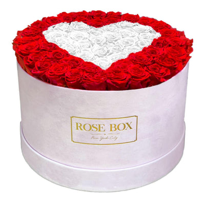 Extra Large Pink Box with Red Flame Roses & Pure White Heart