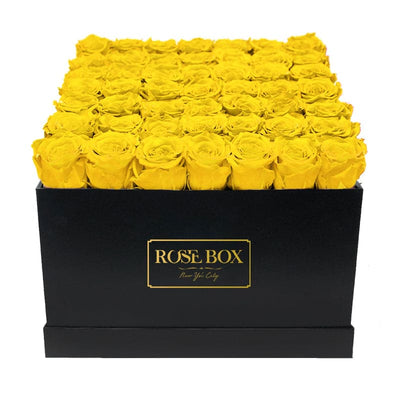 Large Black Square Box with Bright Yellow Roses
