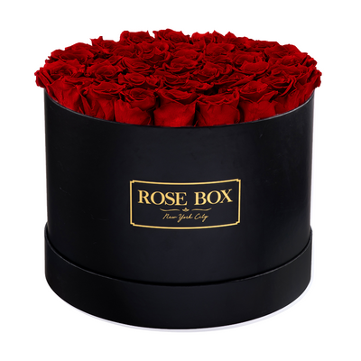 Large Round Black Box with Red Wine Roses