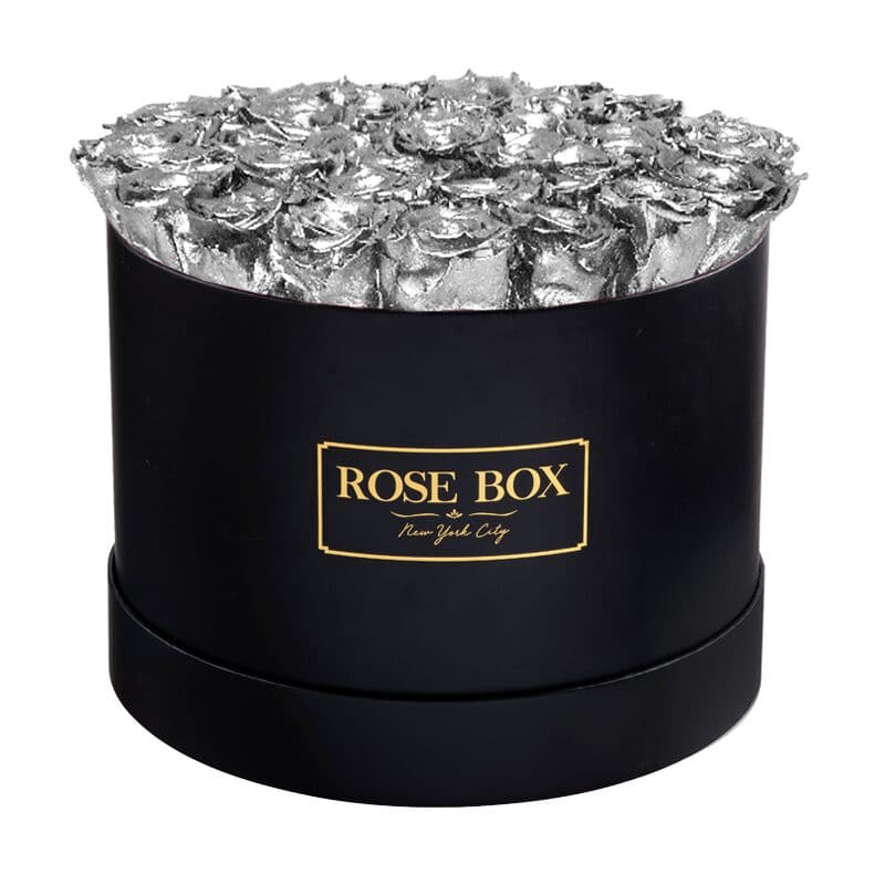 Large Round Black Box with Silver Roses
