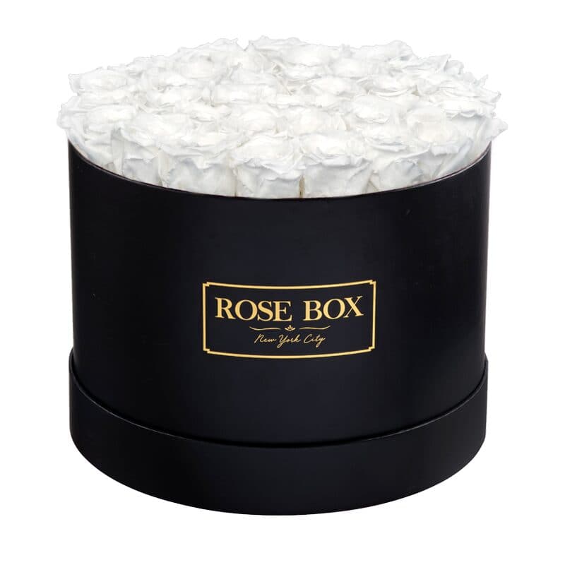 Large Round Black Box with Pure White Roses