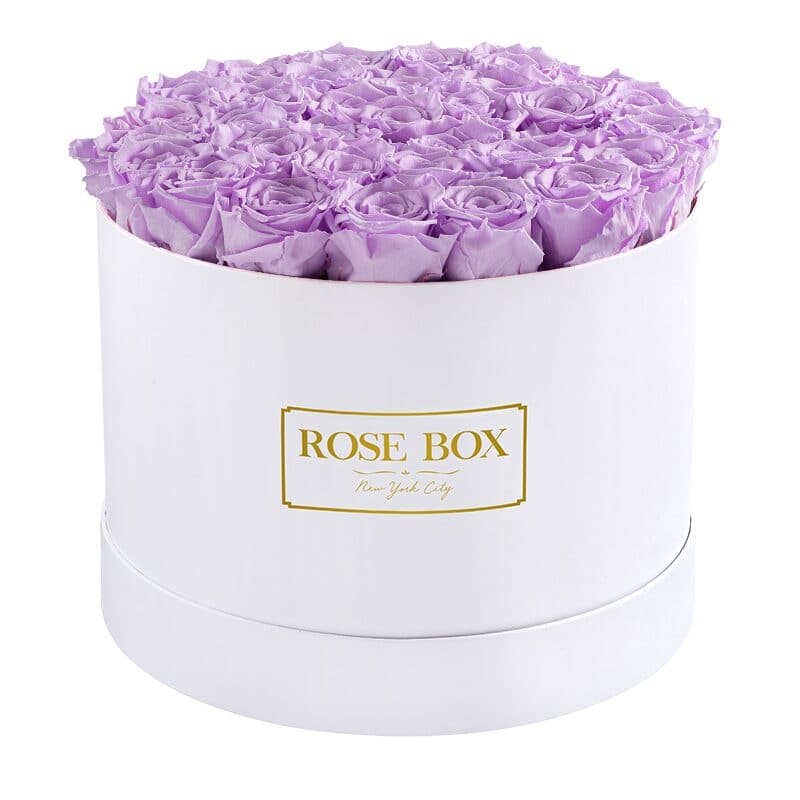 Large Round White Box with Lavender Roses – Rose Box NYC