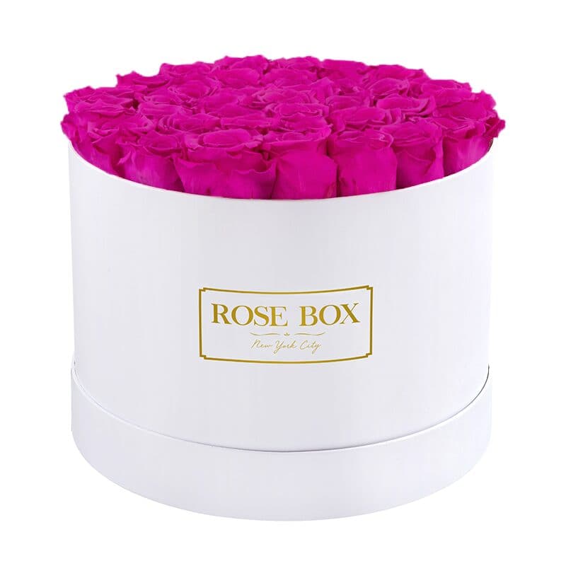 Large Round White Box with Neon Pink Roses