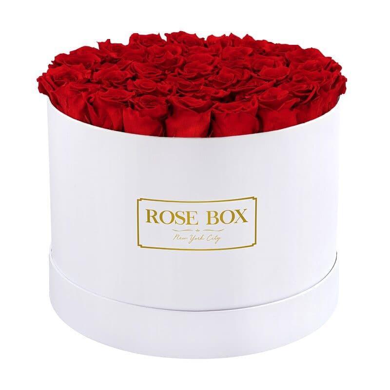 Large Round White Box with Red Flame Roses
