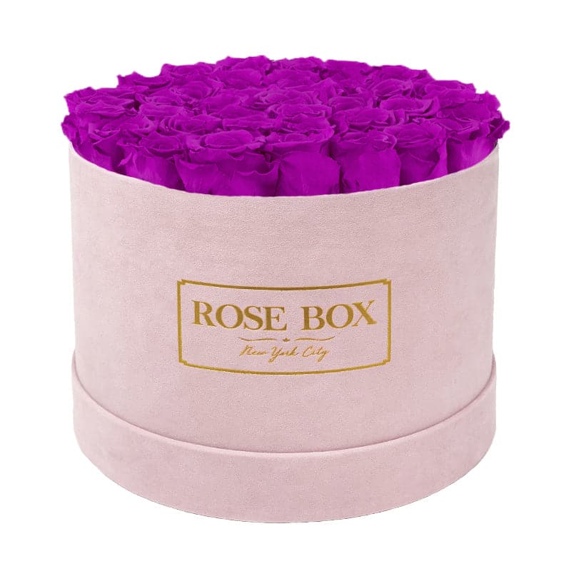 Large Round Pink Box with Royal Purple Roses