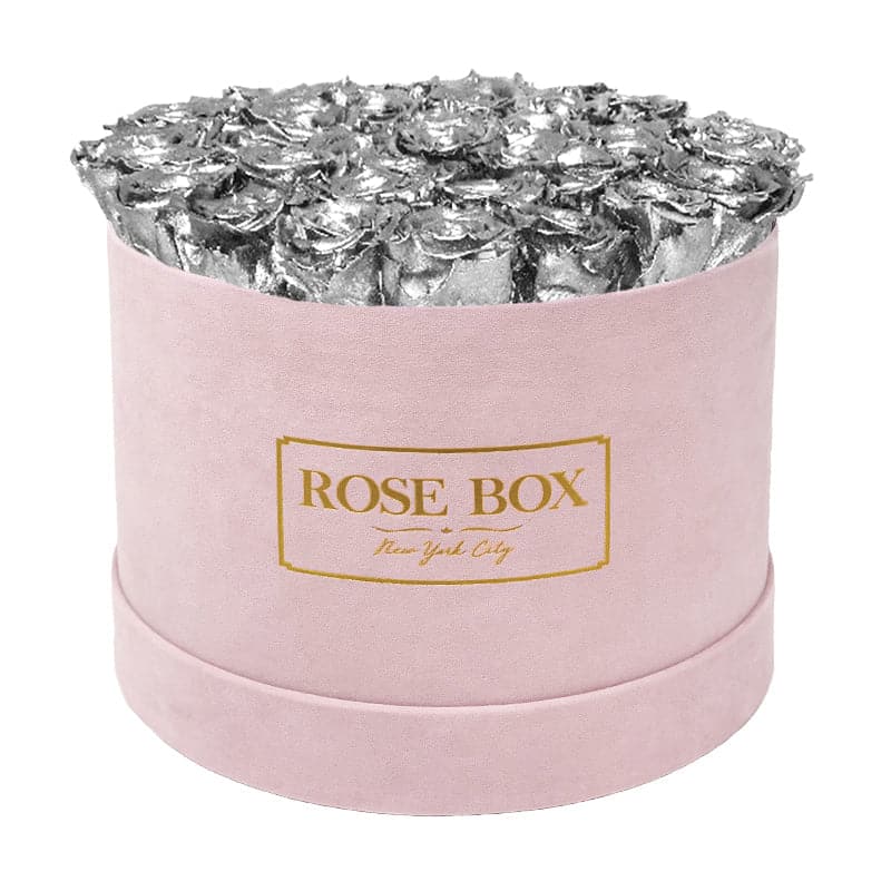 Large Round Pink Box with Silver Roses