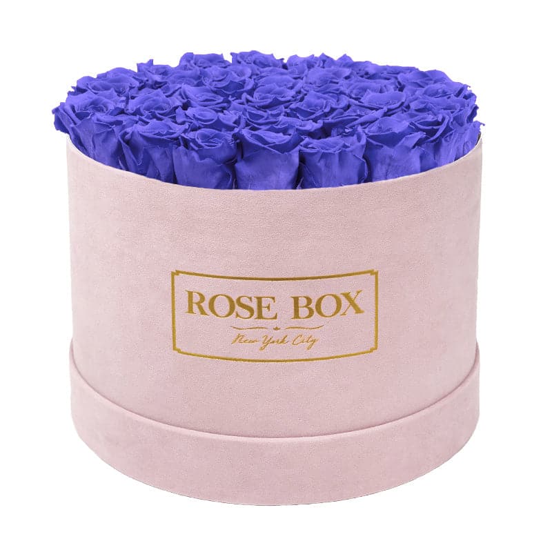 Large Round Pink Box with Spring Purple Roses